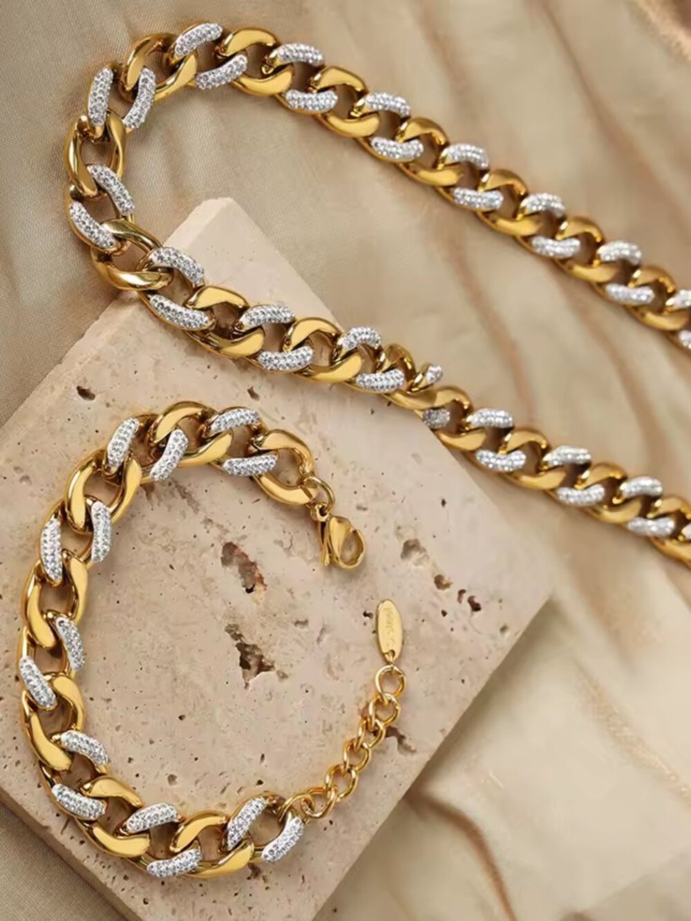 12mm Metal Cuban Chain Jewelry Set Women Men Luxury Rhinestone Charm Necklace